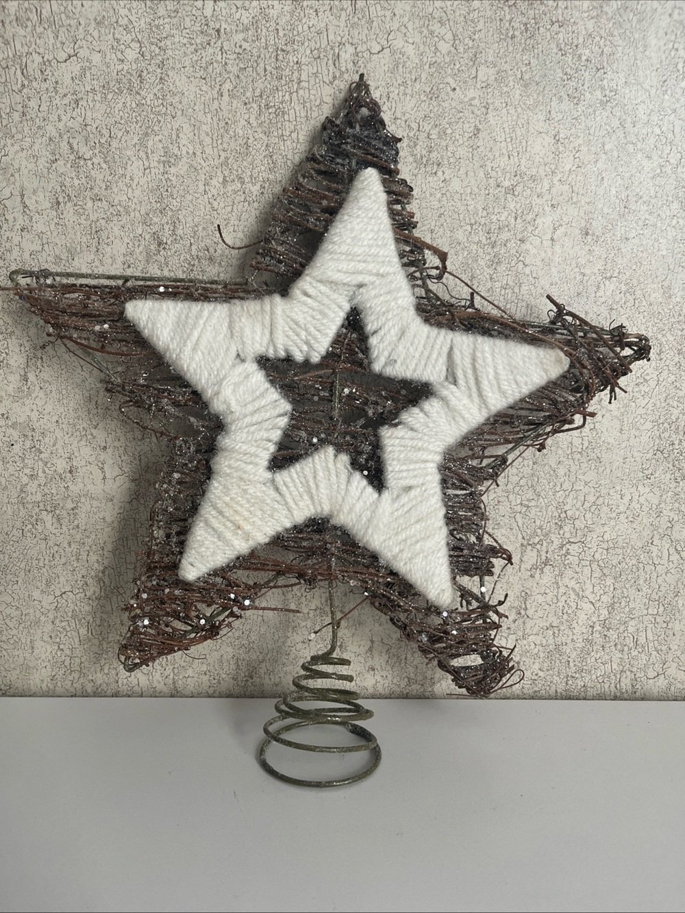 Rustic Farmhouse Star Tree Topper Woven Rattan Design White Yarn Wrapped 12”